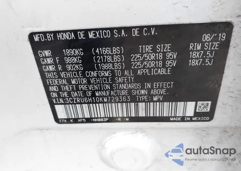 2019 Honda Hr-V Sport из США, поврежденный, VIN 3CZRU6H10KM729363